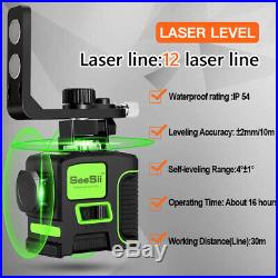 12Lines Self-leveling Vertical Horizontal Cross Laser Level Green Beam + Battery